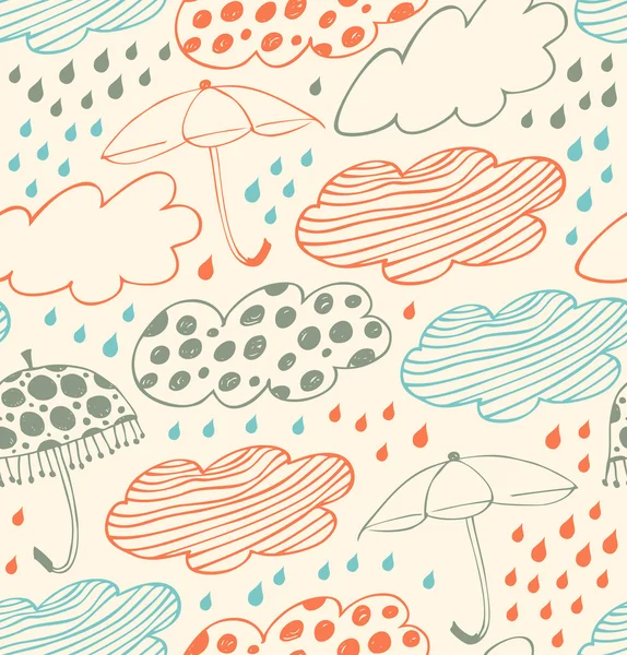 Fond lumineux sans couture pluvieux. Motif en dentelle avec nuages, parapluies et gouttes de pluie. Dessin animé texture doodle avec de nombreux détails de beauté — Image vectorielle