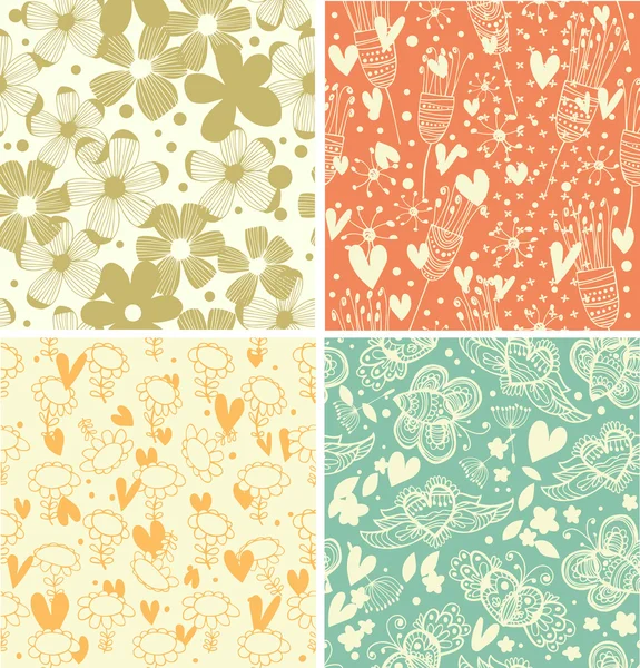 Cute collection of floral patterns. Set of beautiful country backgrounds with decorative flowers — Stock Vector