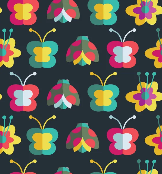 Summer seamless pattern with insects and flowers. Background with ladybirds, flowers and butterflies — Stock Vector