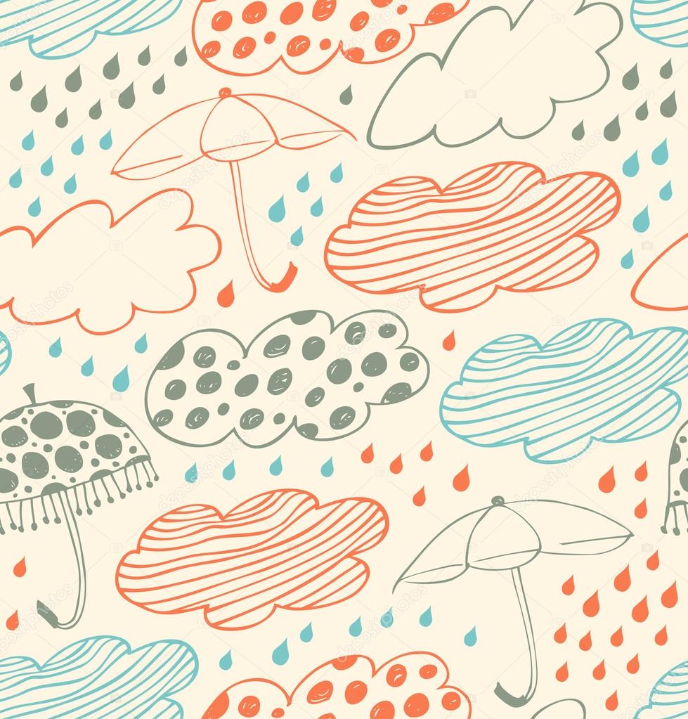 Bright rainy seamless background. Lace pattern with clouds, umbrellas and drops of rain. Cartoon doodle texture with many beauty details