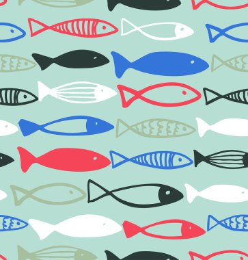 Dekoratif çizilmiş desen komik balık. kesintisiz deniz arka plan. kumaş dokusu