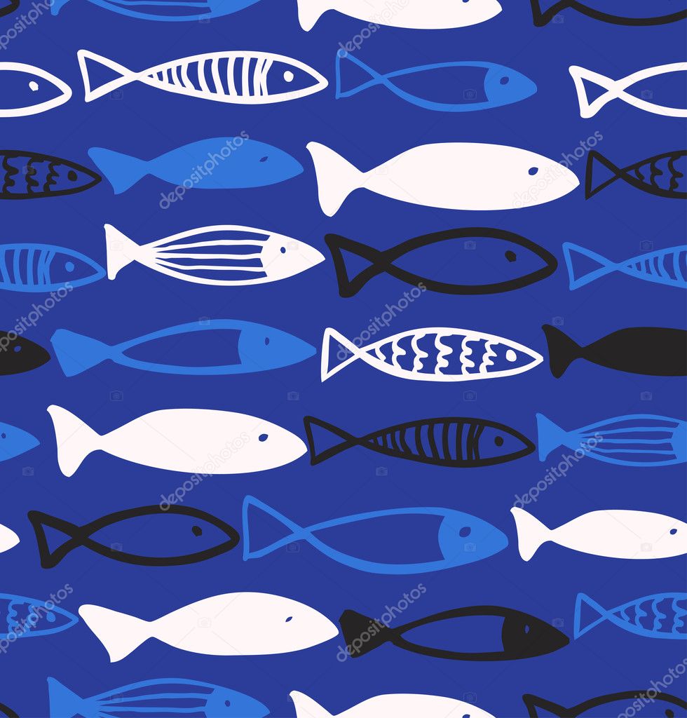 Decorative drawn pattern with funny fish. Seamless marine background
