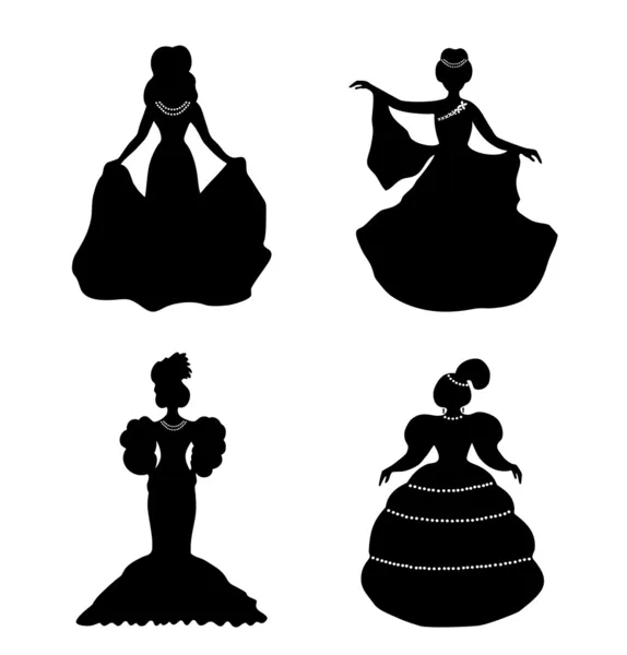 Siluetas de mujeres negras aisladas. Colección de iconos vintage de mujeres retro. Conjunto de mujeres románticas en vestidos modernos — Vector de stock