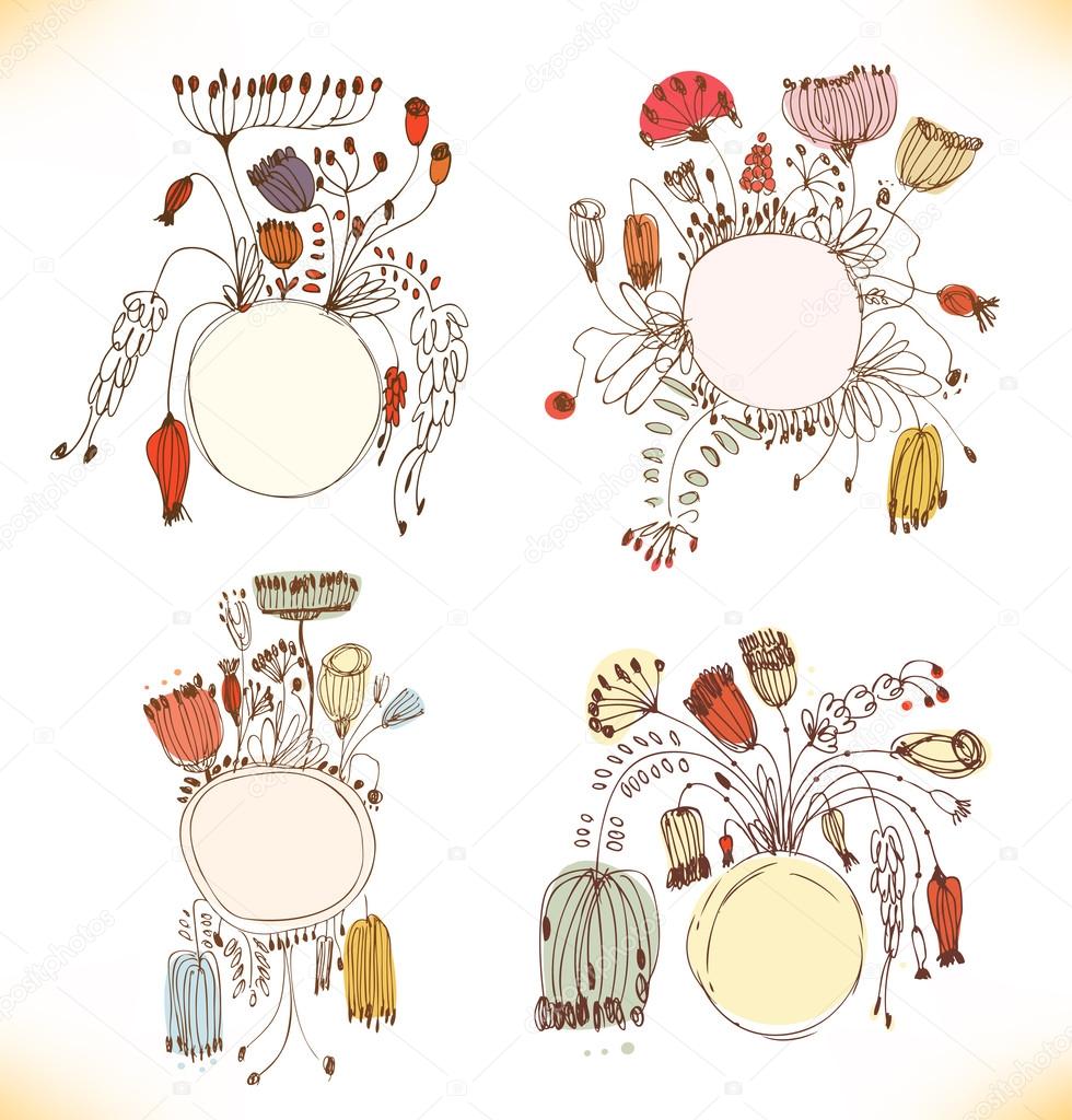 Set of hand drawn banners with round frame and place for your text. Vintage autumn greeting cards with country flowers and berries