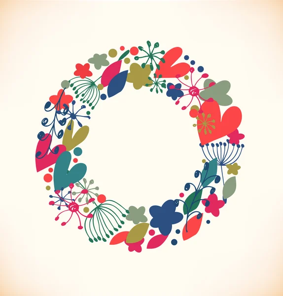 Floraison décorative guirlande ronde. Couronne ornée de cœurs, de fleurs et de flocons de neige . — Image vectorielle