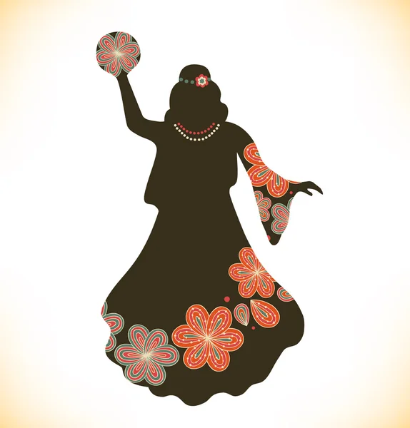 Танцююча жінка в ретро традиційному одязі. Дівчина в вінтажній сукні з бубоном . — стоковий вектор