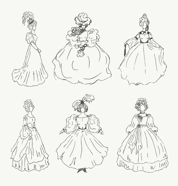 Large collection of women sketches in retro historical clothes. — Stock Vector