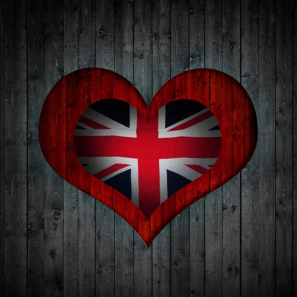 Kalp ve ahşap arka plan İngiltere bayrağı — Stok fotoğraf