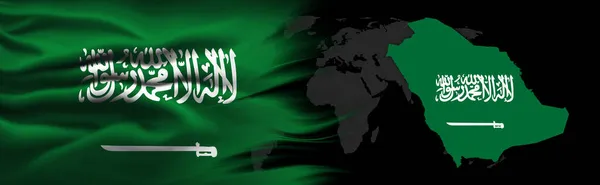 沙特阿拉伯国旗 丝绸地图和世界地图背景 — 图库照片