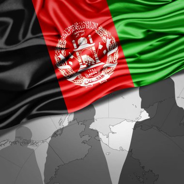 Afganistan ipek bayrağı, dünya haritası ve insan silueti arkaplan - 3 boyutlu illüstrasyon 