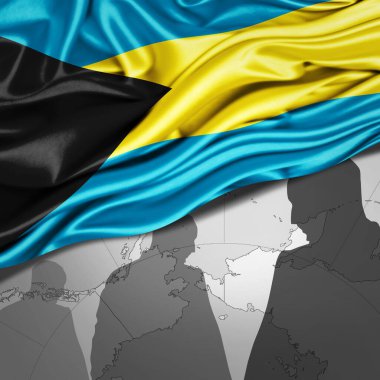 Bahama ipek bayrağı dünya haritası ve insan silueti arka planı - 3 boyutlu illüstrasyon 