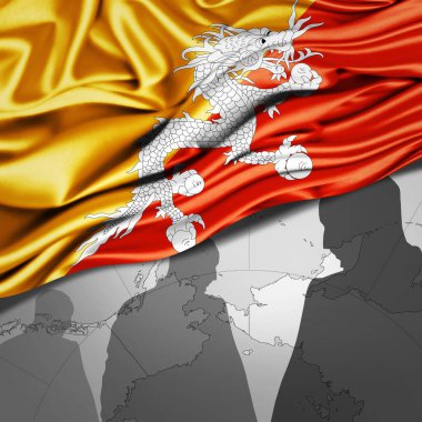 Dünya haritası ve insan silueti arkaplanlı Bhutan ipek bayrağı - 3D illüstrasyon 