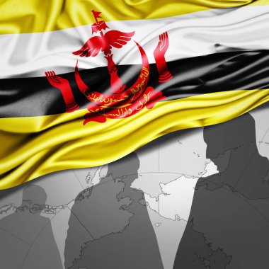 Dünya haritası ve insan silueti arkaplanlı Brunei ipek bayrağı - 3 boyutlu illüstrasyon 