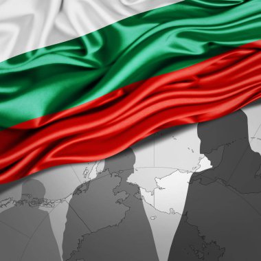Bulgaristan 'ın dünya haritası ve insan silueti arkaplanlı ipek bayrağı -3D illüstrasyon 
