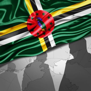 Dominica ipek bayrağı dünya haritası ve insan silueti arka planı - 3D illüstrasyon 