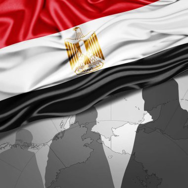 Dünya haritası ve insan silueti arkaplanlı Mısır ipek bayrağı -3 boyutlu illüstrasyon 