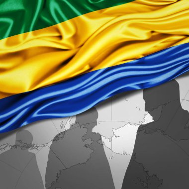 Dünya haritası ve insan silueti arkaplanlı Gabon ipek bayrağı - 3D illüstrasyon 
