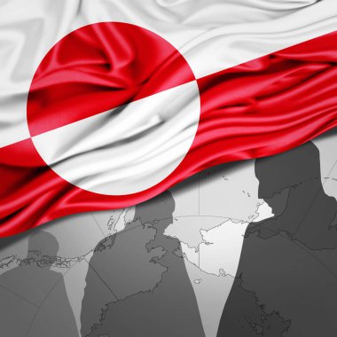 Dünya haritası ve insan silueti arkaplanlı Grönland ipek bayrağı - 3D illüstrasyon 