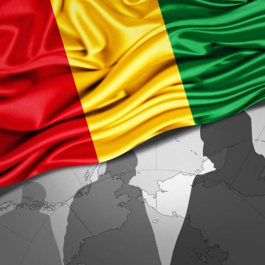 Dünya haritası ve insan silueti arkaplanlı ipek bayrağı - 3 boyutlu illüstrasyon 