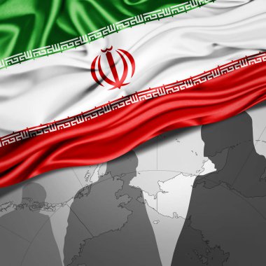 İran ipek bayrağı, dünya haritası ve insan silueti arkaplan - 3 boyutlu illüstrasyon 