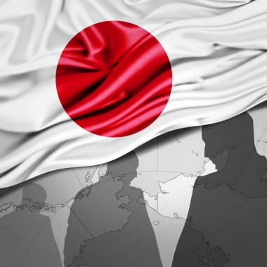 Japon ipek bayrağı, dünya haritası ve insan silueti arkaplan - 3D illüstrasyon 
