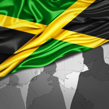Jamaika ipek bayrağı, dünya haritası ve insan silueti arkaplan - 3 boyutlu illüstrasyon 