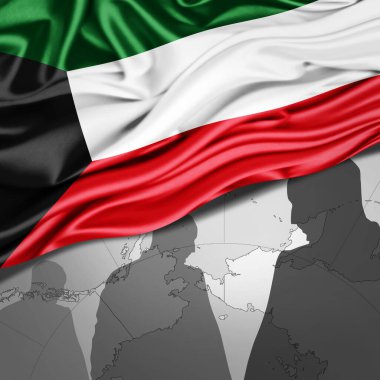 Dünya haritası ve insan silueti arkaplanlı Kuveyt ipek bayrağı - 3 boyutlu illüstrasyon 