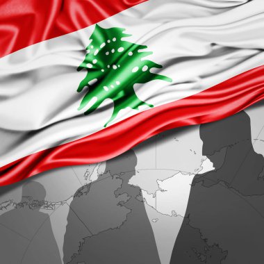 Lübnan ipek bayrağı dünya haritası ve insan silueti arka planı - 3 boyutlu illüstrasyon