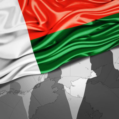 Madagaskar ipek bayrağı dünya haritası ve insan silueti arka planı - 3 boyutlu illüstrasyon