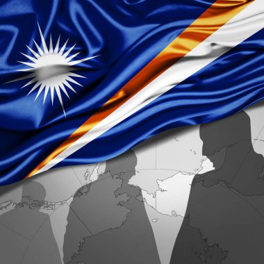 Marshall ipek bayrağı dünya haritası ve insan silueti arkaplan - 3D illüstrasyon