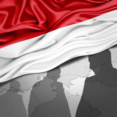 Monaco ipek bayrağı, dünya haritası ve insan silueti arkaplan - 3 boyutlu illüstrasyon