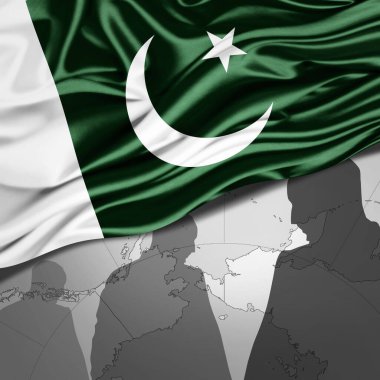 Pakistan ipek bayrağı, dünya haritası ve insan silueti arkaplan - 3 boyutlu illüstrasyon
