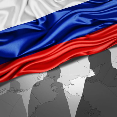 Rusya 'nın dünya haritası ve insan silueti arkaplanlı ipek bayrağı - 3D illüstrasyon