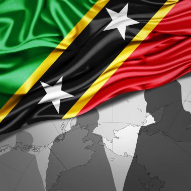 Saint Kitts ipek bayrağı dünya haritası ve insan silueti arka planı - 3 boyutlu illüstrasyon