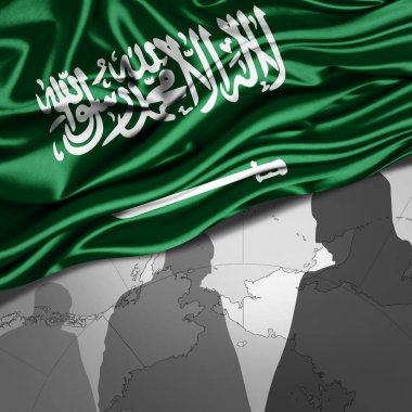 Dünya haritası ve insan silueti arkaplanlı ipek Suudi Arabistan bayrağı - 3D illüstrasyon