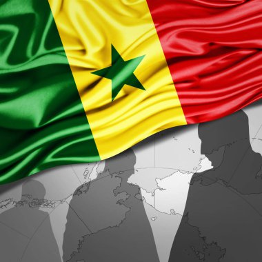 Dünya haritası ve insan silueti arkaplanlı ipek Senegal bayrağı - 3 boyutlu illüstrasyon