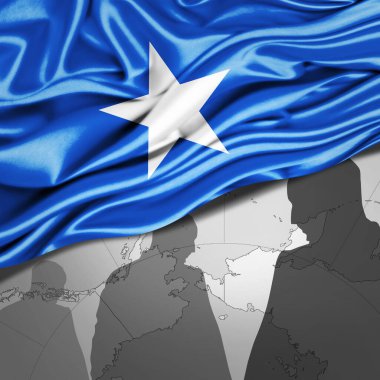 Dünya haritası ve insan silueti arkaplanlı ipek Somali bayrağı - 3 boyutlu illüstrasyon