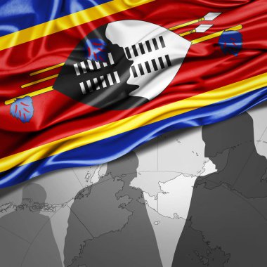 Dünya haritası ve insan siluetleriyle Svaziland ipek bayrağı - 3 boyutlu illüstrasyon