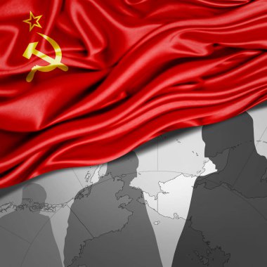 Dünya haritası ve insan silueti arkaplanlı U.Sussr ipek bayrağı - 3D illüstrasyon