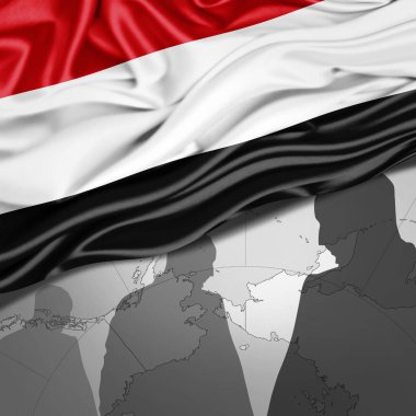 Dünya haritası ve insan silueti arkaplanlı Yemen ipek bayrağı - 3 boyutlu illüstrasyon