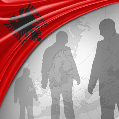 Arnavutluk ipek bayrağı ve dünya haritası ve insan silueti arkaplanı -3D illüstrasyon