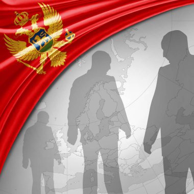 Karadağ 'ın dünya haritası ve insan silueti arkaplanlı ipek bayrağı -3 boyutlu illüstrasyon