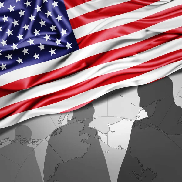 American Flag Silk World Map Human Silhouettes Background Illustration — Stock Photo, Image