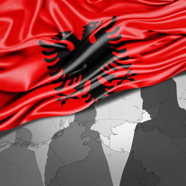 Flaga Albanii Jedwab Mapą Świata Sylwetki Człowieka Tło Ilustracja — Zdjęcie stockowe