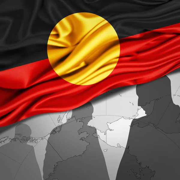 Aboriginal Australien Flagga Silke Med Världskarta Och Mänskliga Silhuetter Bakgrund — Stockfoto