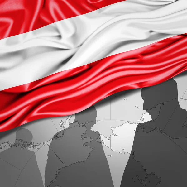 世界地図と人間のシルエットを持つ絹のオーストリアの旗背景 3Dイラスト — ストック写真