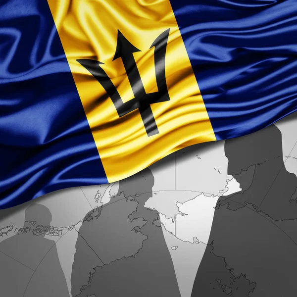 Bandera Barbados Seda Con Mapa Del Mundo Siluetas Humanas Fondo — Foto de Stock