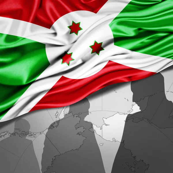 Bandera Burundi Seda Con Mapa Del Mundo Siluetas Humanas Fondo — Foto de Stock