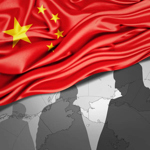 Chiny Flaga Jedwabiu Mapy Świata Człowieka Sylwetki Tło Ilustracja — Zdjęcie stockowe