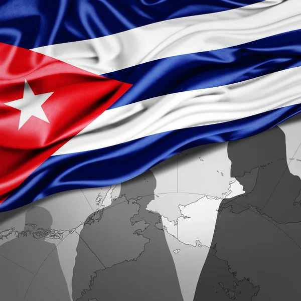 Kubánská Vlajka Hedvábí Mapou Světa Lidskými Siluetami Pozadí Ilustrace — Stock fotografie